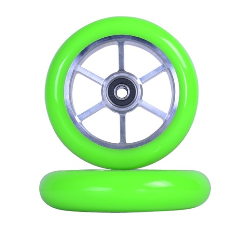 6 Spoke 110mm Scooter wheel Silver Green PU (pair)
